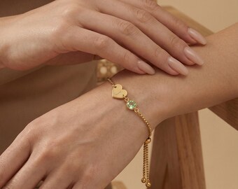 Personalized Heart Birthstone Bracelet, Initial Charm, Adjustable Slider