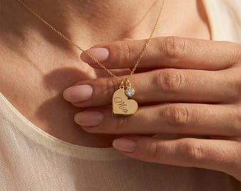 Personalized Heart Necklace, Engraved Initial, Birthstone Pendant