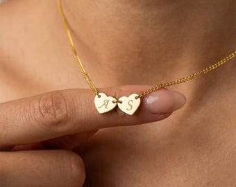 Personalized 18K Gold Double Heart Necklace, Custom Initial Pendant