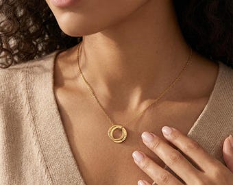 Personalized Russian Ring Necklace, 18K Gold Plated, Engraved Family Jewelry