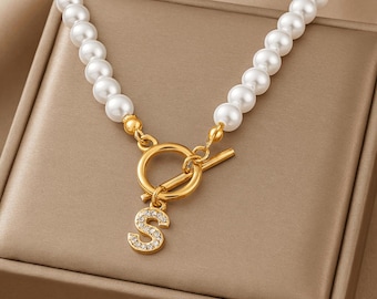 Personalized Pearl Initial Necklace, Custom Letter Pendant Choker, Beaded Jewelry, Bridesmaid Necklace