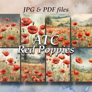 Aquarelle coquelicots rouges ATC imprimable en téléchargement numérique 2,5 x 3,5 pouces, coquelicot imprimable, journal indésirable, fabrication de cartes, lot de 8, ATC 18