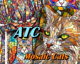 ATC Mosaic Cats Stained Glass Printable Digital Download 2.5x3.5 inches, Junk Journal, Card making, Set of 8, ATC 16