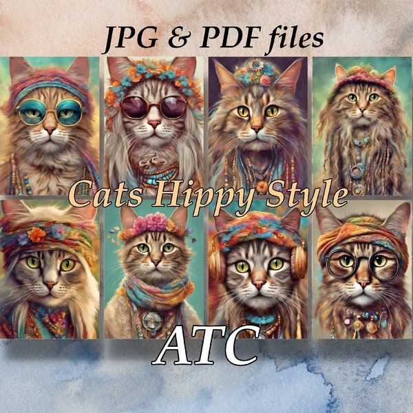 ATC funny Cats Hippie Style Printable Digital Download 2.5x3.5 inches, Junk Journal, Card making, Set of 8, ATC 17