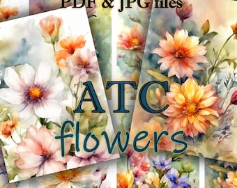 ATC Flowers Printable Digital Download 2.5x3.5 inches, Floral ATC, Watercolor, Junk Journal, Card making, Set of 8, ATC 37