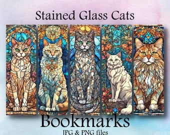 Bookmarks, Stained Glass Cats bookmarks, Printable Digital Download, Mosaic Cats, Set of 5, Bookmarks 5