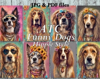 ATC funny Dogs Hippie Style Printable Digital Download 2.5x3.5 inches, Junk Journal, Card making, Set of 8, ATC 26