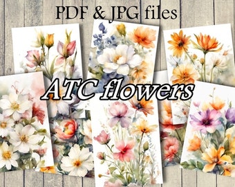 ATC Flowers Printable Digital Download 2.5x3.5 inches, Floral ATC, Watercolor, Junk Journal, Card making, Set of 8, ATC 24