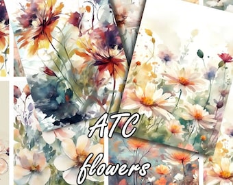 ATC Flowers Printable Digital Download 2.5x3.5 inches, Floral ATC, Watercolor, Junk Journal, Card making, Set of 8, ATC 21