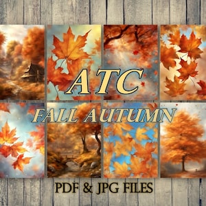 ATC automne automne imprimable téléchargement numérique 2,5 x 3,5 pouces, feuille d'érable ATC, journal indésirable, fabrication de cartes, lot de 8, ATC 29
