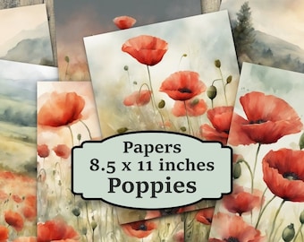 Poppies Digital Papers, Poppy Floral Papers, Digital Download, 8 Paper Pack, 8.5x11, Scrapbooking
