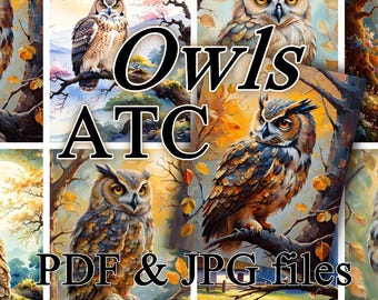 ATC Owls Birds Printable Digital Download 2.5x3.5 inches, Junk Journal, Card making, Set of 8, ATC 42
