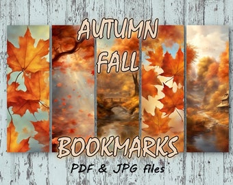 Autumn Bookmarks, Fall Bookmarks, Orange Leaves, Maple leaf, 1x3 Printable Digital Download, Set of 5, Bookmarks 36