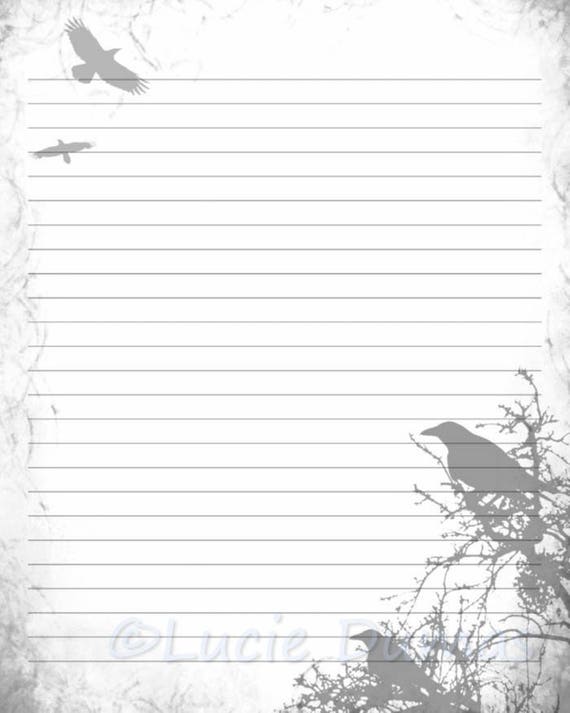 Digital printable journal page stationary 8.5x11 jpg download lined paper  design 43 crow bird raven gray template lucie dumas - etsy
