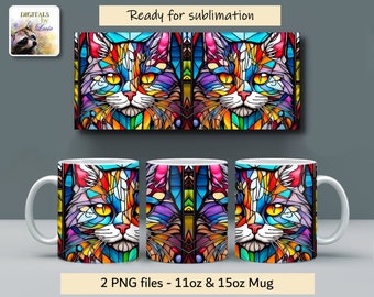 Cat Mug Wrap, Digital Download, Template, Sublimation, 11oz 15oz PNG Files Coffee Mug 7 Stained Glass Cat