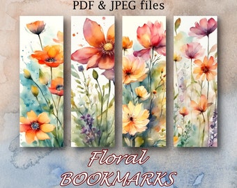Bookmarks, Floral bookmarks, Flowers, Printable Digital Download, Watercolor flowers, Set of 4, Bookmarks 1