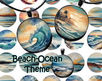 Ocean Beach Printable Digital Download Circles Round 1.25in 30mm 25mm 20mm 18mm Pendants Earrings Magnet Jewelry Collage Sheet 64