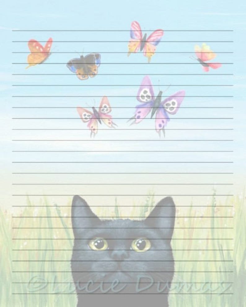 Digital Printable Journal writing Page black Cat 606 butterfly Stationary 8.5x11 Download Scrapbooking Paper Template art painting L.Dumas image 1