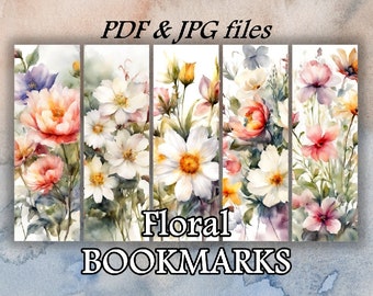 Bookmarks, Floral bookmarks, Printable Digital Download, Watercolor flowers, Wildflowers, Set of 5, Bookmarks 24