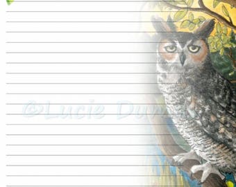 Digital Printable Journal writing lined Page Bird 68 Owl Stationary 8x10 Download Scrapbooking Paper Template art painting L.Dumas