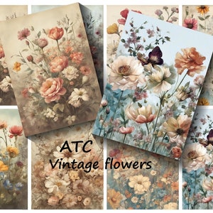 ATC Vintage Flowers Printable Digital Download 2.5 x 3.5 inches, Junk Journal, Card making, Set of 8, Personal & Commercial use ATC 2