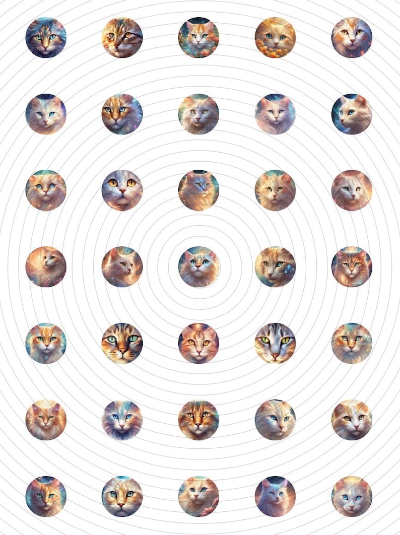 Round Cat Pattern Cat Faces Printable Digital Download Circles Round 1.25 Inch, 30mm ...