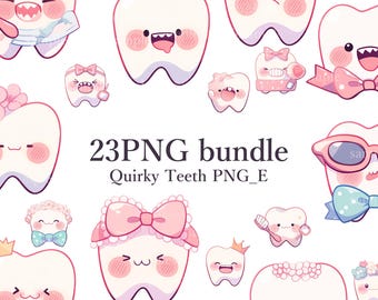 May include: A collection of whimsical cartoon teeth illustrations in various poses and expressions, adorned with bows, crowns, and accessories. The text "23PNG bundle" and "Quirky Teeth PNG_E" is displayed in the center.