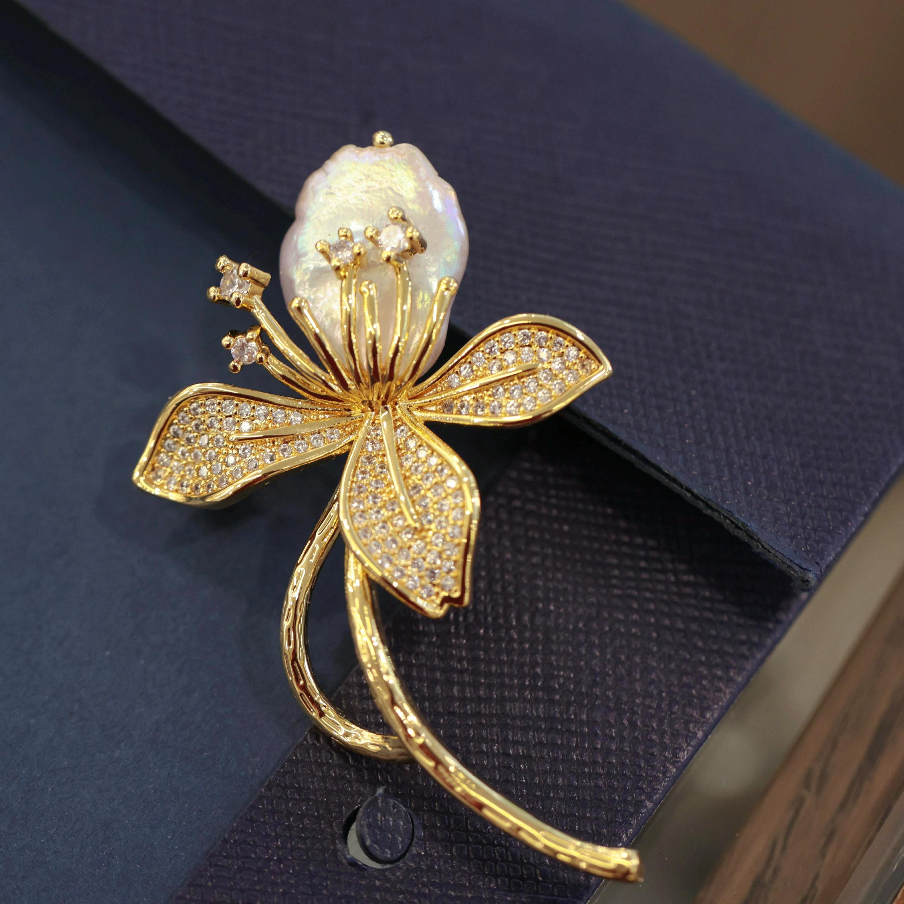 Handmade Baroque Pearl Flower Brooch, 14K Gold-filled Floral Pin