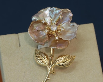 Handmade Baroque Pearl Flower Brooch, 14K Gold-Filled Floral Pin