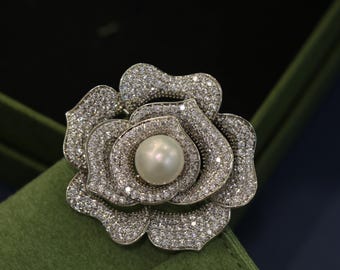 Camellia Pearl Brooch, 14K Gold Filled Flower Pin, Radiant Luster Freshwater Pearl Brooch for Women | Bridal Jewelry Gift, Vintage Brooch