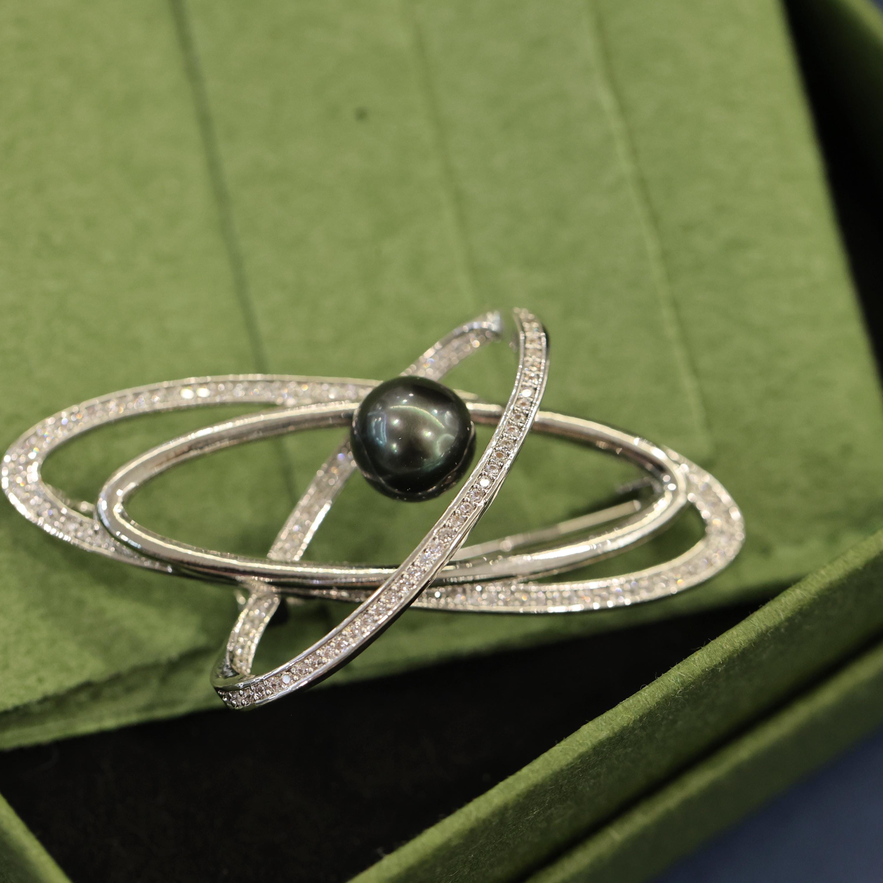Saturn Orbit Brooch: Tahitian Black Pearl, Crystal Accents, 14K Gold Filled