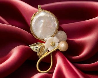 Handmade Baroque Pearl Brooch, Gold-Filled Floral Pin, Wedding Jewelry