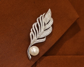 Broche de perla con plumas, elegante broche de hoja con diamantes de imitación, regalo para mamá, regalo del Día de la Madre, broche para abrigo de boda, broche vintage para mujer.