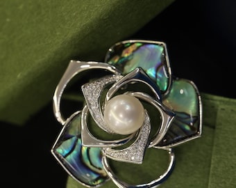 Natural Freshwater Pearl Brooch, Abalone Shell Rose Brooch,  Floral Pin for Grandma, Natural Pearl Pin / Scarf Clif, Wedding Jewelry Gift