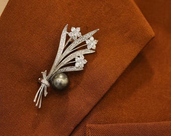 Luxury Tahitian Black Pearl Brooch with Crystal Wheat Design, Elegant Floral Bouquet Pin for Women, Sparkling Silver Lapel Jewelry Gift