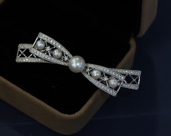 Broche de lazo de perla bañado en oro: broche de cinta con diamantes de imitación, estilo vintage