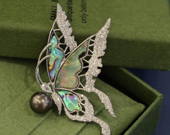 Butterfly Pearl Brooch, Tahitian Black Pearl & Abalone Shell Pin, Luxury Statement Brooch, Elegant Suit Blazer Pin, Unique Gift for Her