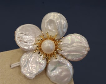 Handmade Baroque Pearl Flower Brooch, 14K Gold-Filled Lapel Pin
