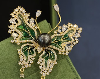 Tahitian Pearl Butterfly Brooch | Gold Baroque Statement Pin | Black Pearl Enamel Brooch | Handmade Luxury Gift for Her | Wedding Brooch