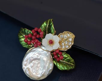 Handmade Baroque Pearl Brooch, 14K Gold-Filled Floral Pin