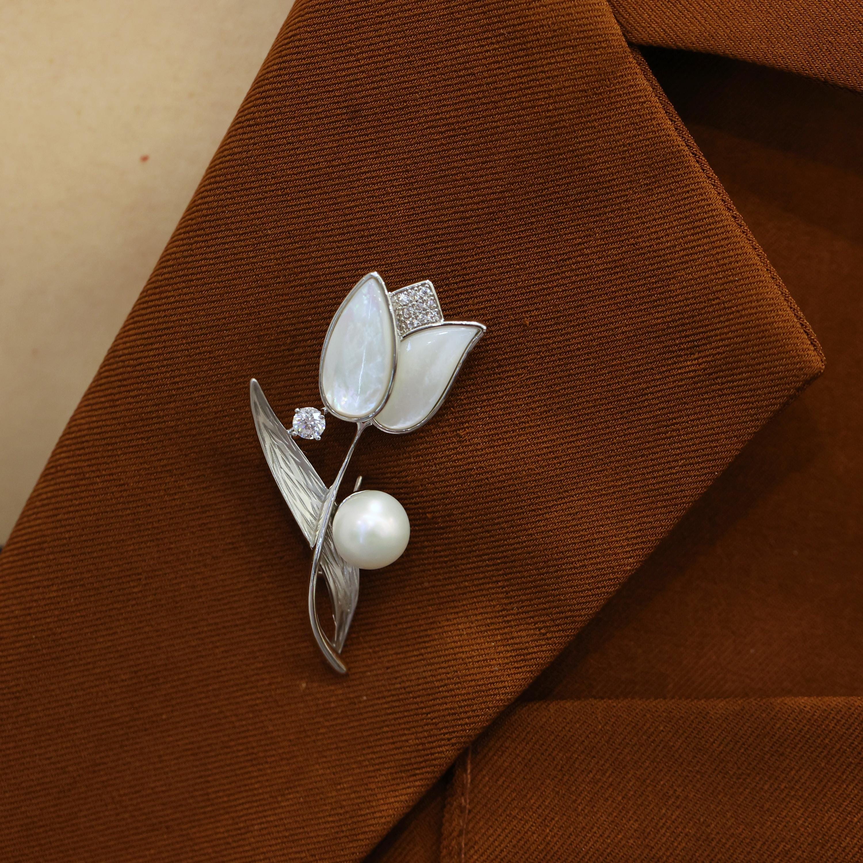Silver Tulip Brooch: Freshwater Pearl & CZ Floral Lapel Pin - Etsy