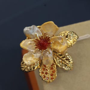 Baroque Pearl Flower Brooch – Handmade 14K Gold Cherry Red Pearl Pin – Vintage Rococo Floral Jewelry, Gifts for Her, Mother&#39;s Gifts