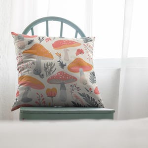 Pastel Mushroom Pillow, Square Throw Pillow with Toadstools, Fairycore Nursery Decor Cushion, Mushroom Lover Gift, Botanical Mushroom Pillow