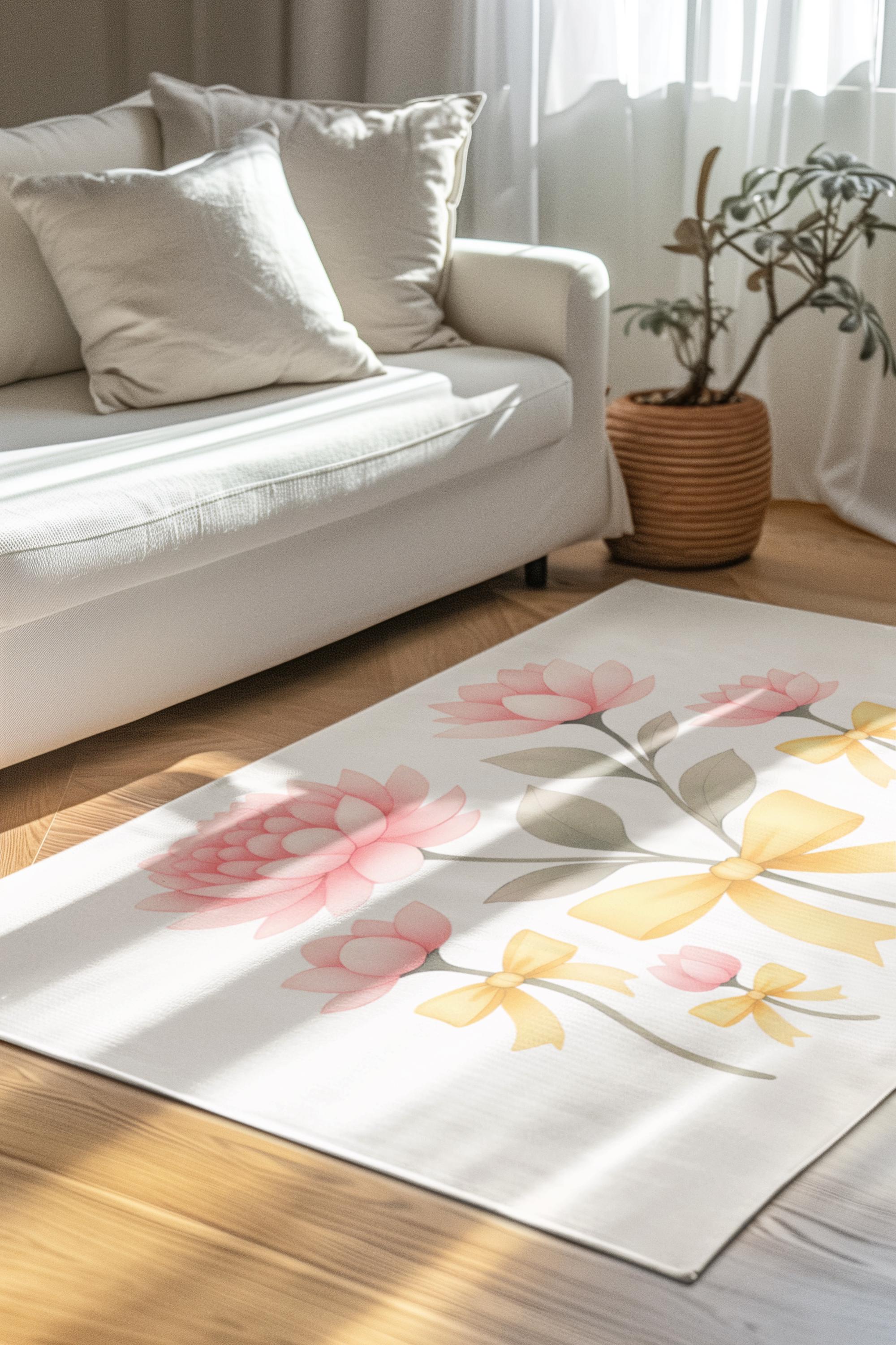 Coquette Rug Coquette Floral Area Rug With Pink Peonies & Butter Yellow Bows, Soft ...