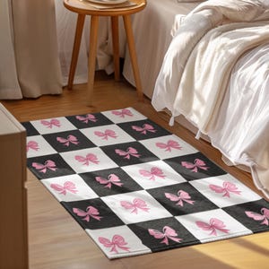 Area Rug with Pink Bows, Black & White Checkered Rug, Cute Soft Girl Area Rug, Pink Ballet Core Carpet, Teen Coquette Rug, Dorm Room Decor
