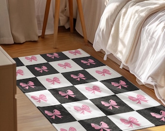 Area Rug with Pink Bows, Black & White Checkered Rug, Cute Soft Girl Area Rug, Pink Ballet Core Carpet, Teen Coquette Rug, Dorm Room Decor