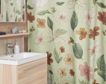 Boho Shower Curtain, Lime Cream Floral Bathroom Decor, Fabric Shower Curtain, Floral Bath Curtain, Green Botanical Bath Curtain