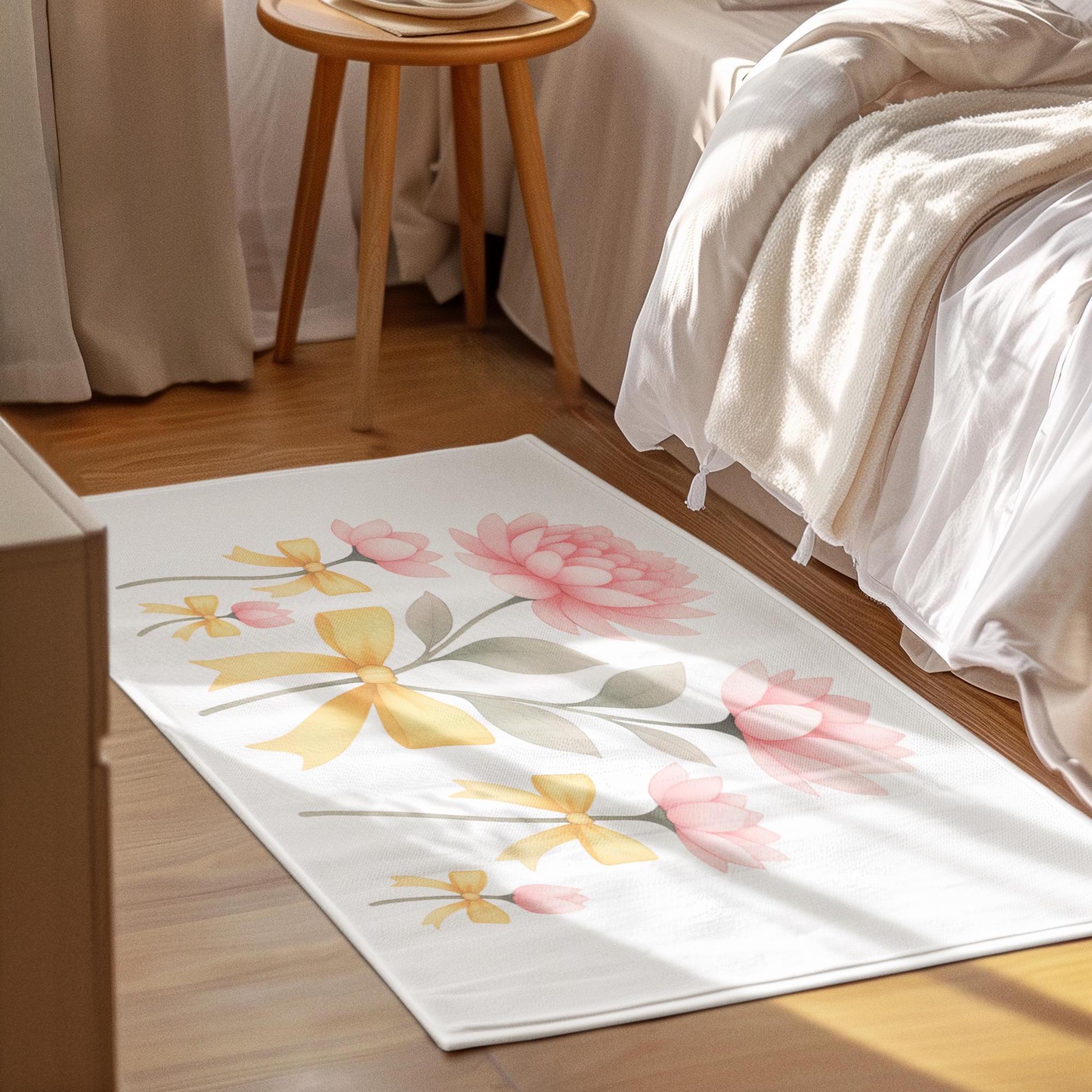Coquette Rug Coquette Floral Area Rug With Pink Peonies & Butter Yellow Bows, Soft ...