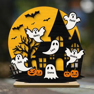 Personalized Haunted House Family Ghost Wooden Sign, Custom Halloween Family 2-Layer Wooden Sign, Creepy Boo Family Spooky Wall Decor