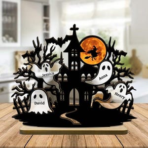 Custom Haunted House Family Ghost Sign, Personalized Boo Ghost 2-Layer Wooden Plaque, Creepy Boo Family Decor, Custom Name Halloween Sign